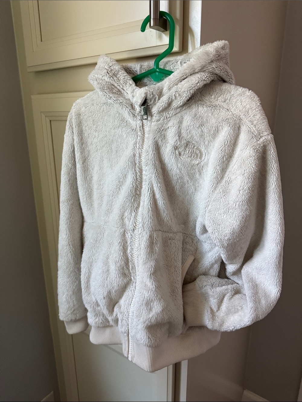 The North Face Kids Plush Hooded full Zip Up Jacket in Light Gray with pockets